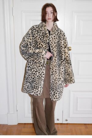 "Leopard print sniper" imported merino sheepskin fashionable off-shoulder slim mid-length fur coat