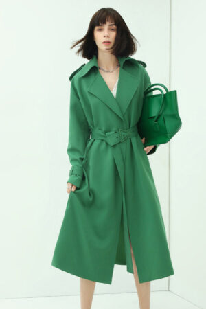 Classic Green Long Trench Coat with Buckle