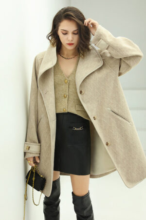 Structured Lapel Collar Herringbone Khaki Coat